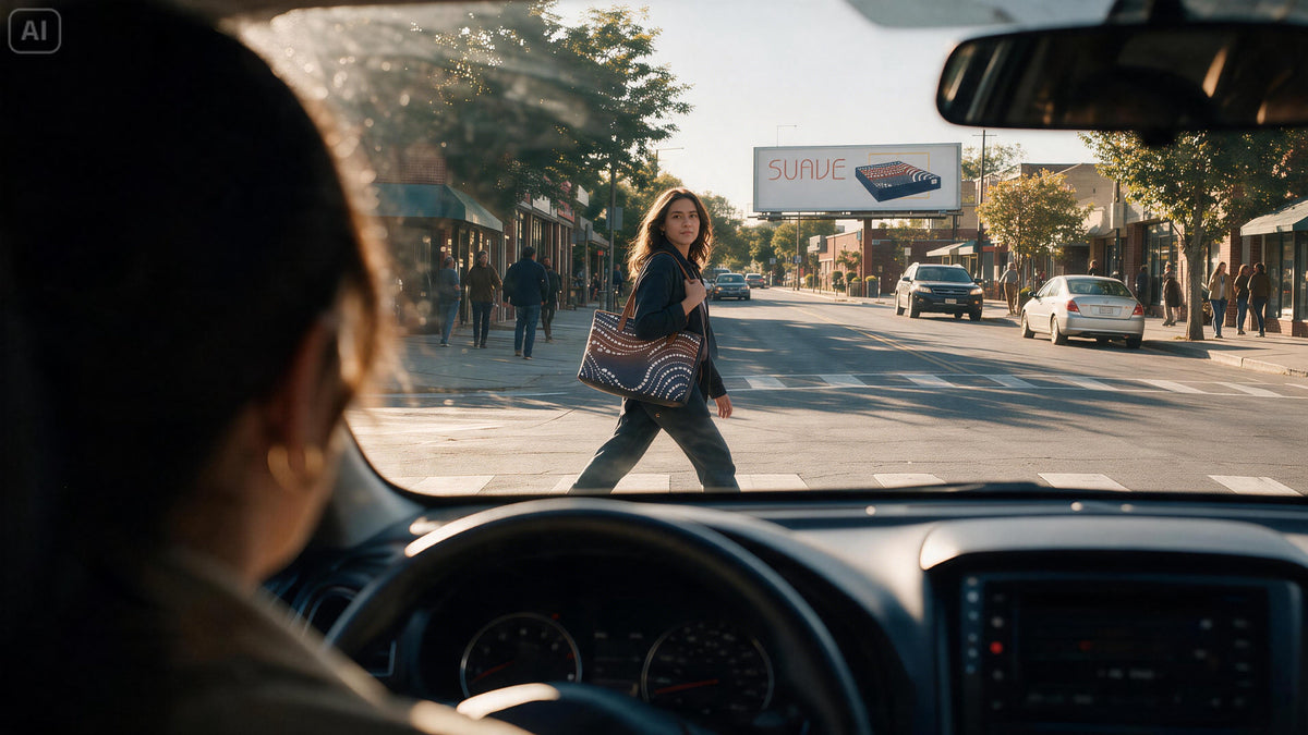 Mujer conduciendo y viendo un anuncio de Suave desde su auto