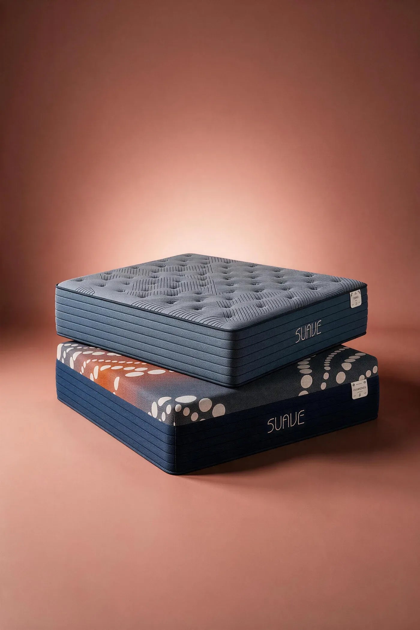 Un colchón Classico con cubierta acolchada apilado sobre un híbrido Moderno con estampado cobre y crema